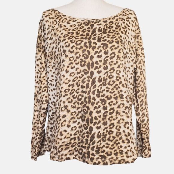 BOSTON PROPER Leopard Print Boat Neck Boxy Fit Top Long Sleeve Shirt L - Picture 1 of 4